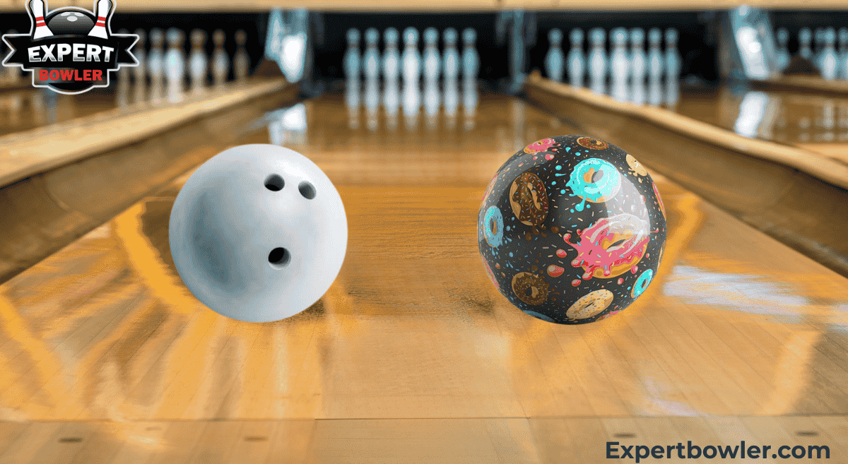 Before and after comparison of a plain white bowling ball next to a vibrant personalized donut bowling ball, set on a bowling lane with