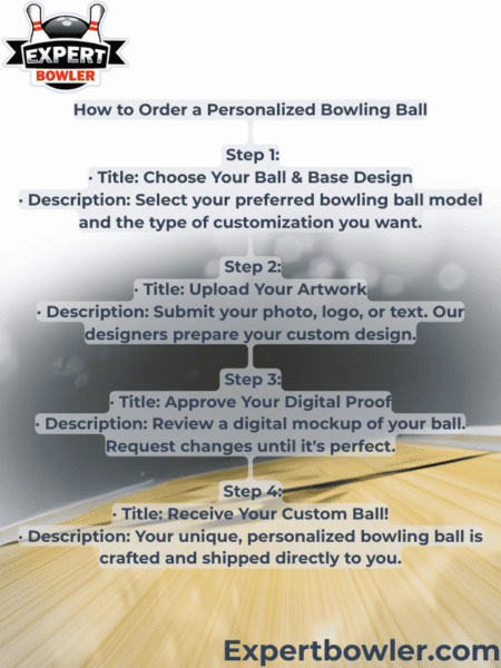 Infographic detailing the 4-step process to order a personalized bowling ball Choose Ball & Base Design, Upload Artwork, Approve Digital