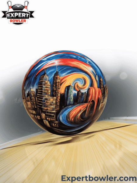 Personalized bowling ball featuring a vibrant city skyline painting, positioned on a bowling lane with ExpertBowler branding.