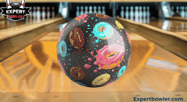 Personalized bowling ball with a vibrant donut pattern on a bowling lane, featuring the ExpertBowler logo.