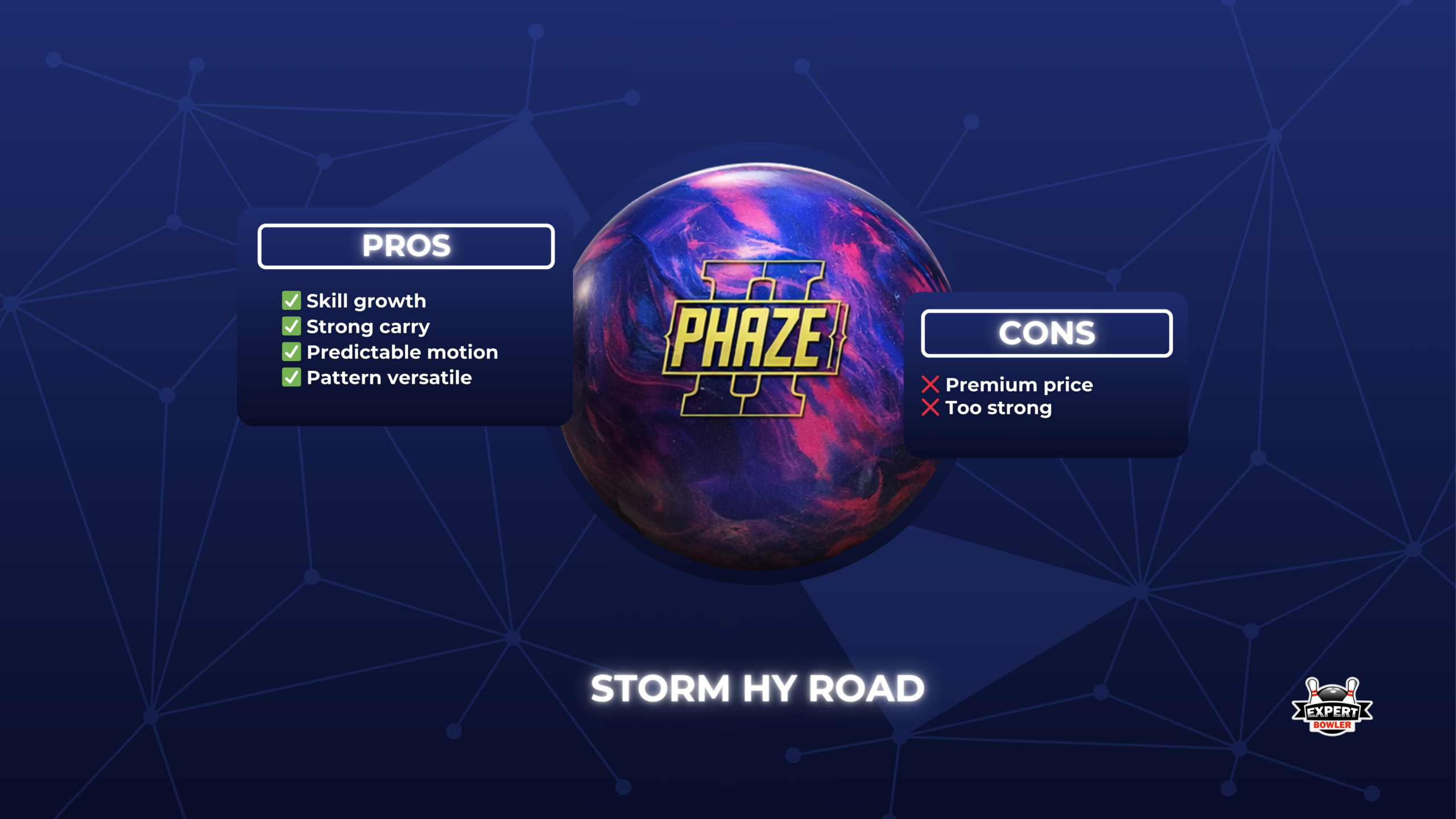 Storm Tropical Surge bowling ball in pink purple on a wooden bowling lane at Expertbowler com with pins visible in the background