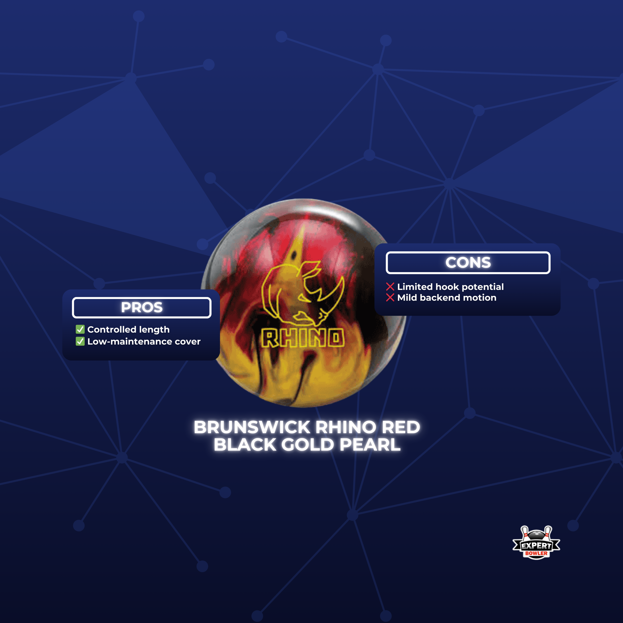 ExpertBowler Brunswick Rhino Red Black Gold Pearl bowling ball on a bowling lane.