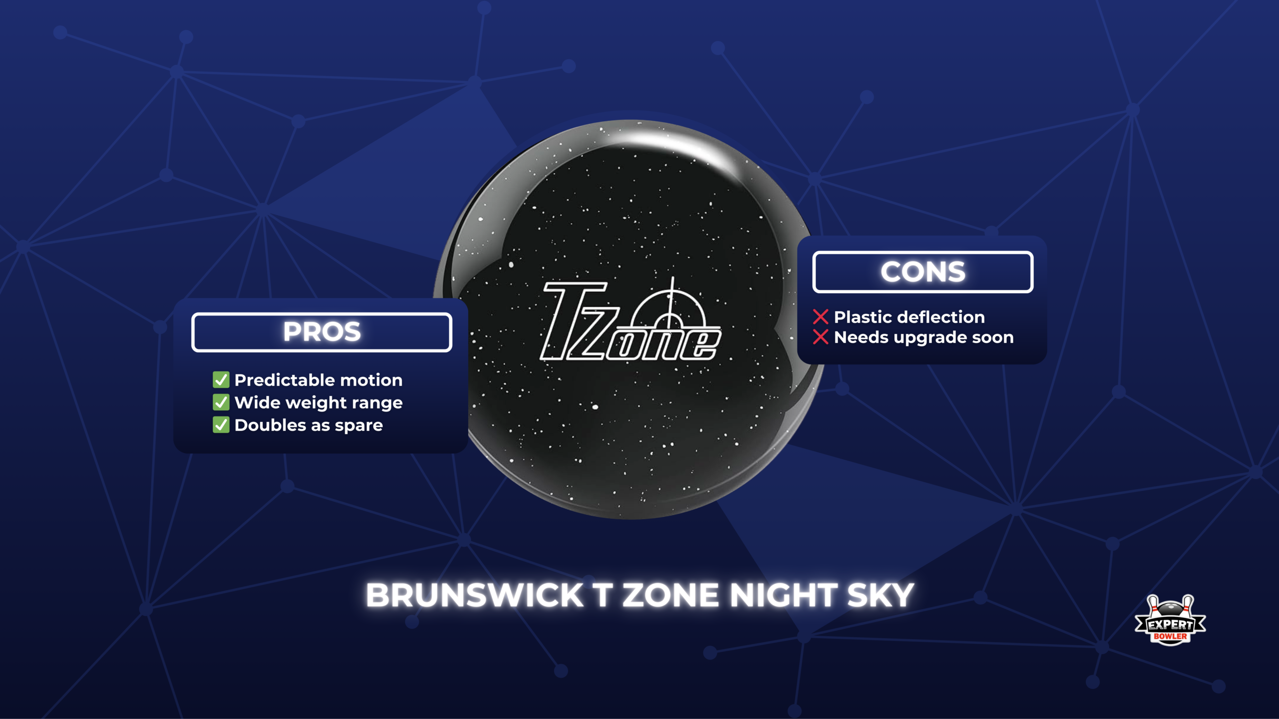 ExpertBowler Brunswick Tzone Night Sky bowling ball, black with white speckles, on a bowling lane.