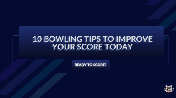 Dark blue background with diagonal lines. Text reads, "10 Bowling Tips to Improve Your Score Today" and "Ready to Score?" Logo in bottom right corner.