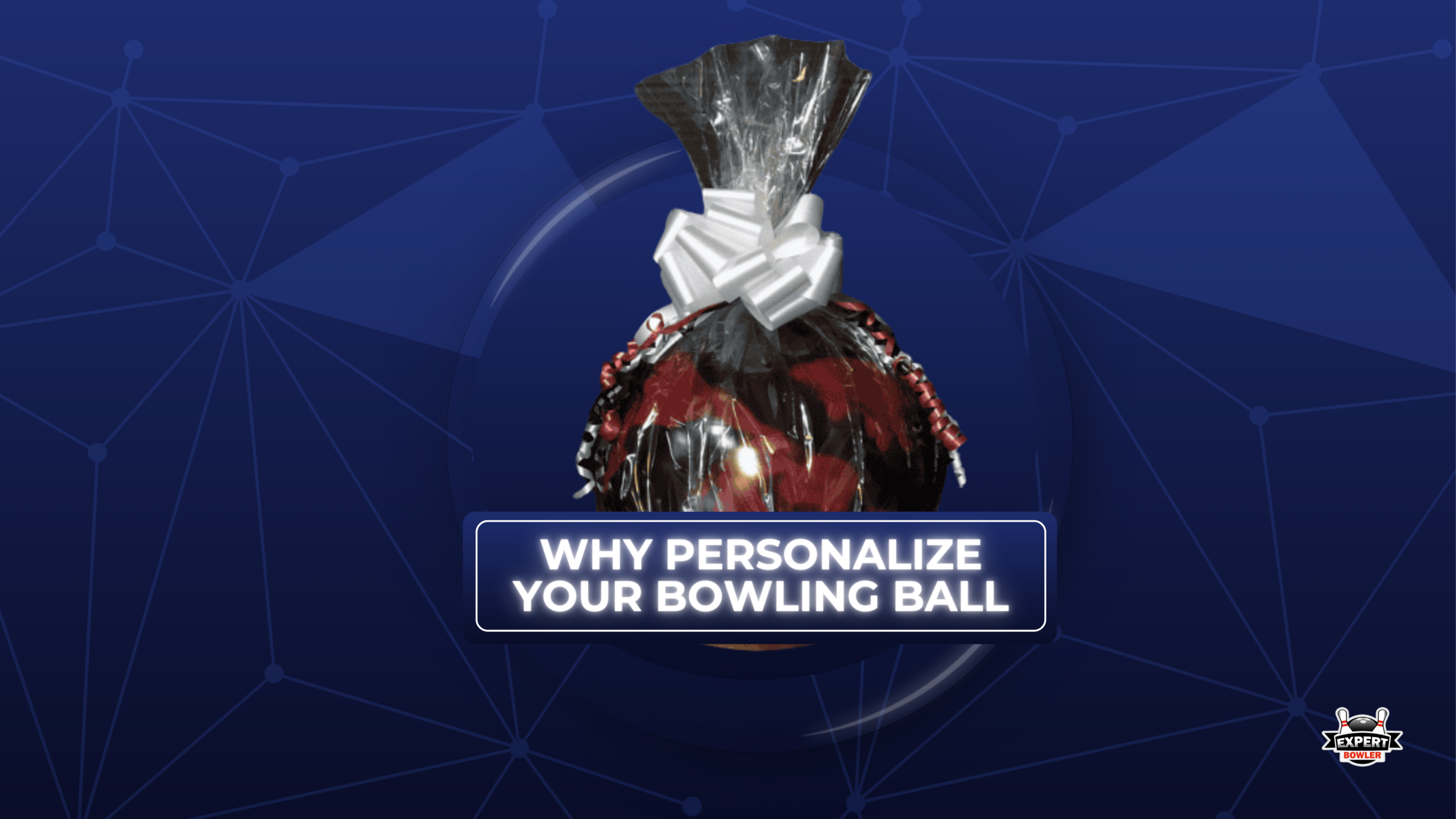 Gift wrapped bowling ball with a festive bow, displayed on a bowling lane, featuring the ExpertBowler logo, symbolizing a perfect personalized gift.