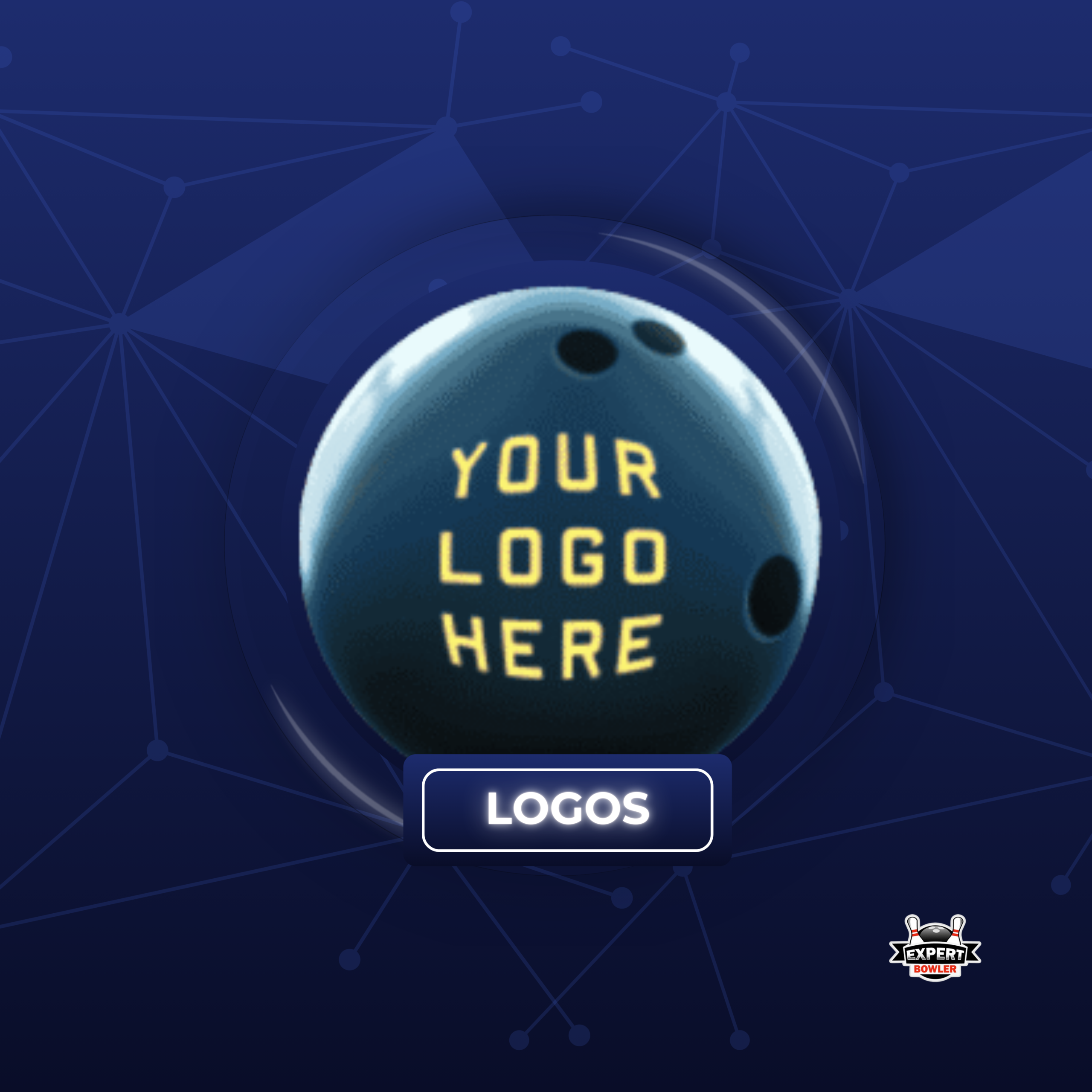 Personalized bowling ball displaying 'Your Logo Here' on a bowling lane, set against a blurred alley background, featuring the ExpertBowler logo.