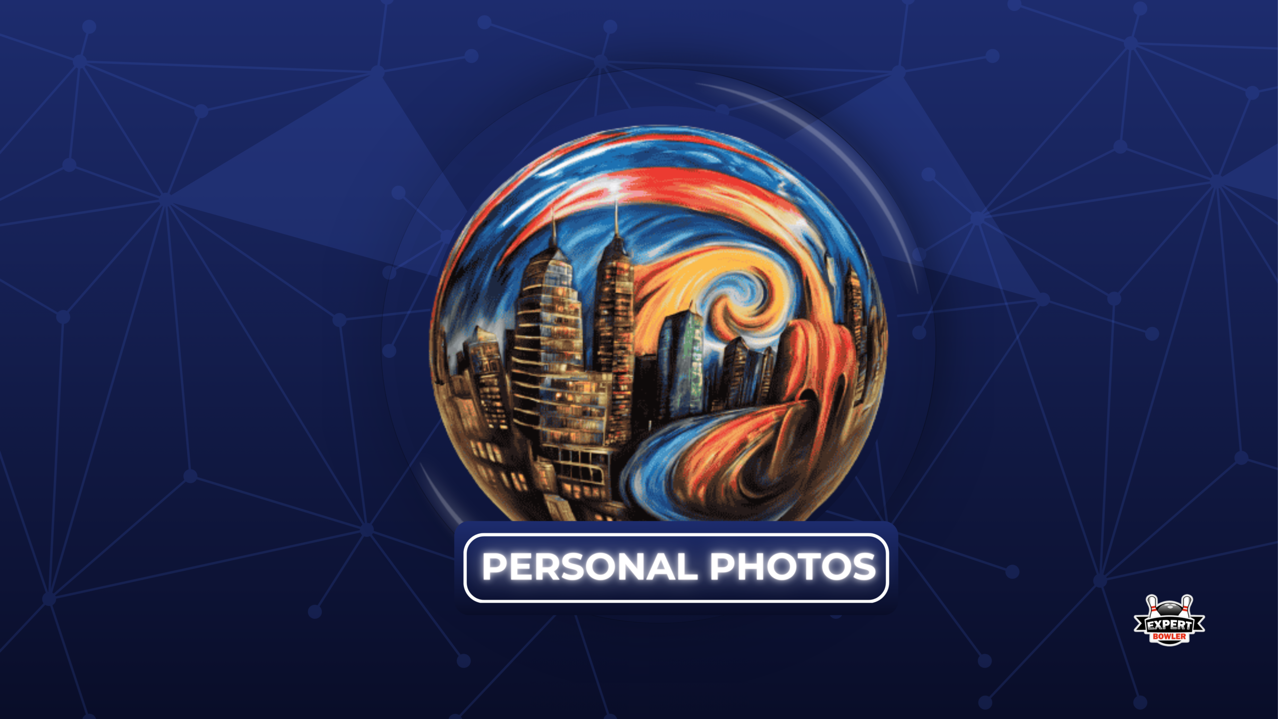 Personalized bowling ball featuring a vibrant city skyline painting, positioned on a bowling lane with ExpertBowler branding.