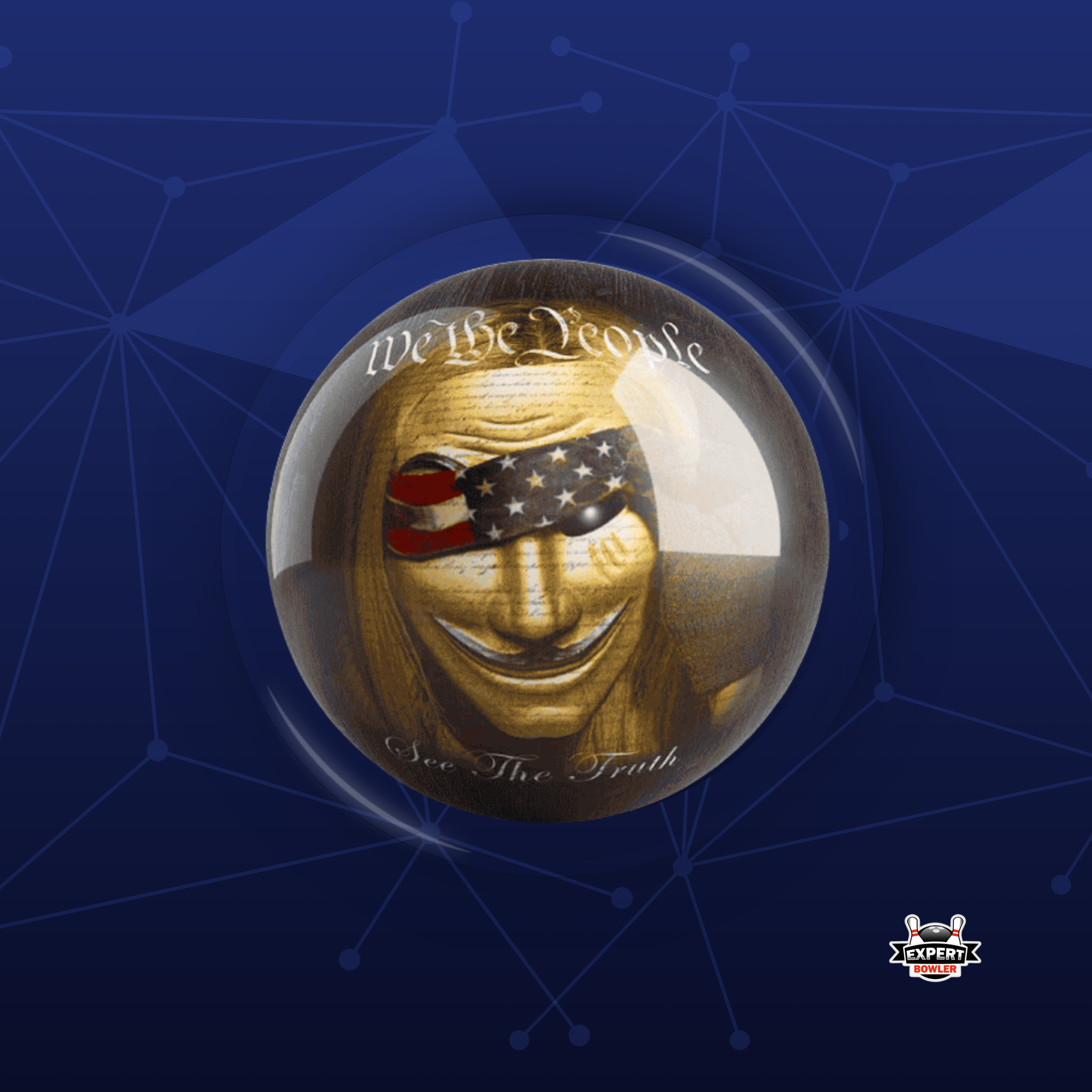 Personalized bowling ball with a patriotic 'We The People' themed design from BowlersParadise.com, set on a bowling lane with ExpertBowler