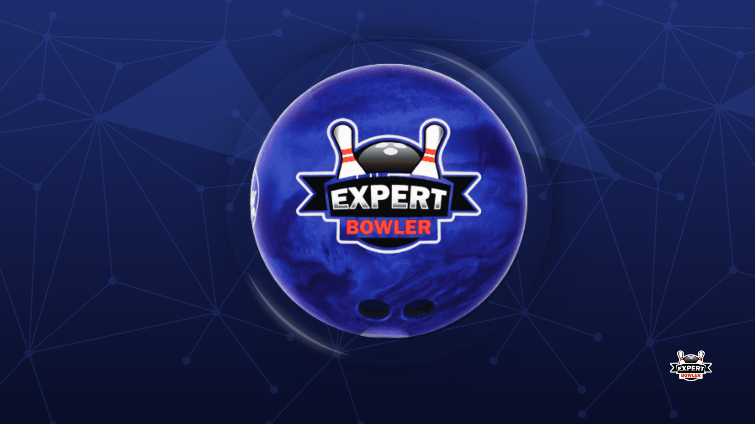 Blue bowling ball prominently displaying the ExpertBowler logo, set on a bowling lane with ExpertBowler branding in the background.