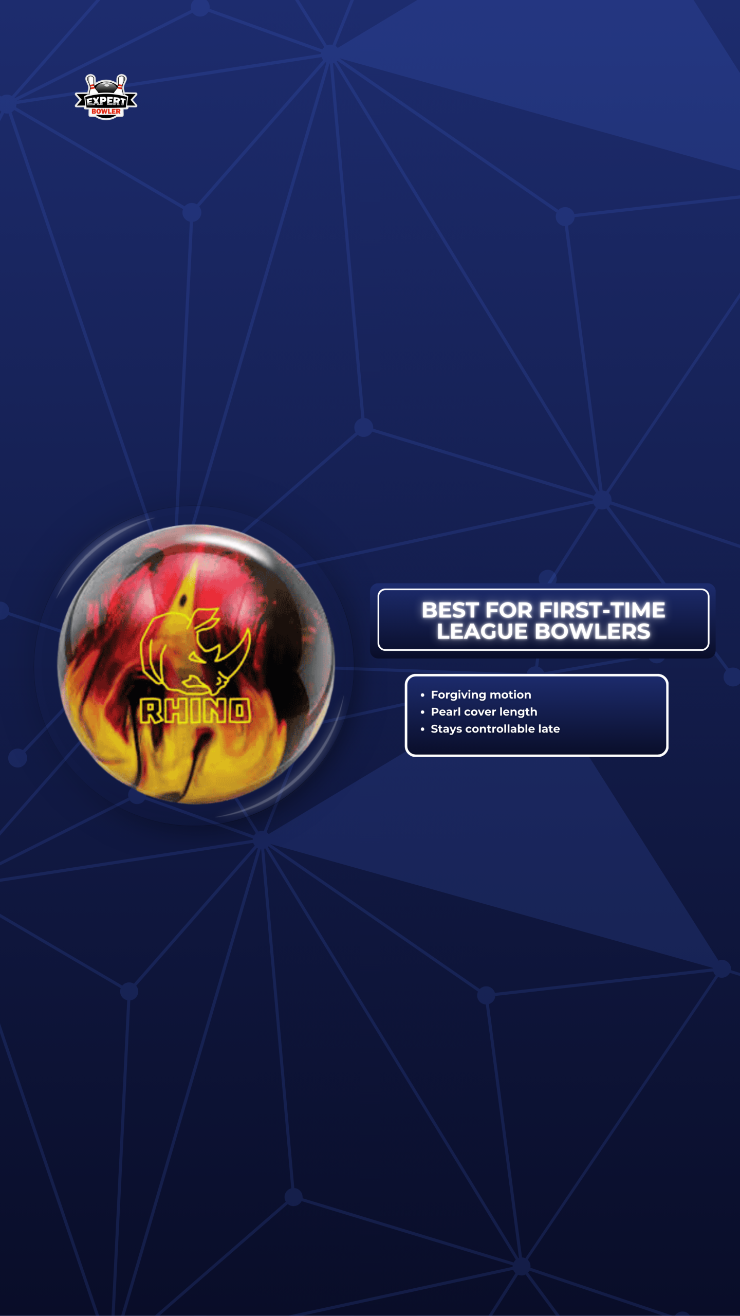 Rhino bowling ball product overview as the best for first-time league bowlers featuring a pearl coverstock and forgiving motion.