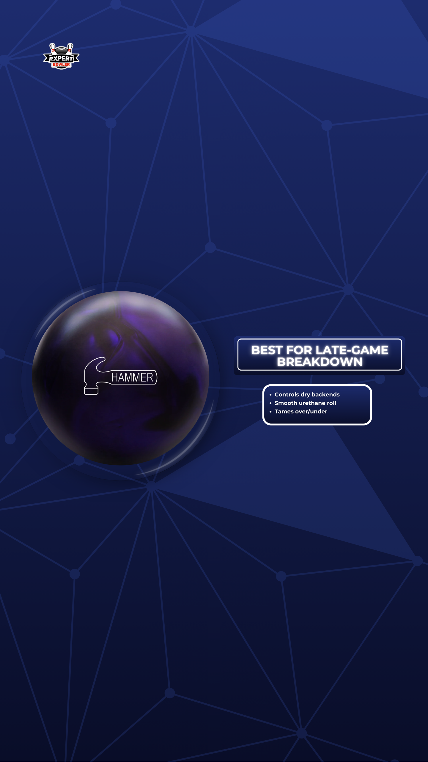 Purple Hammer bowling ball product overview as the best for late-game breakdown featuring smooth urethane roll and dry backend control.