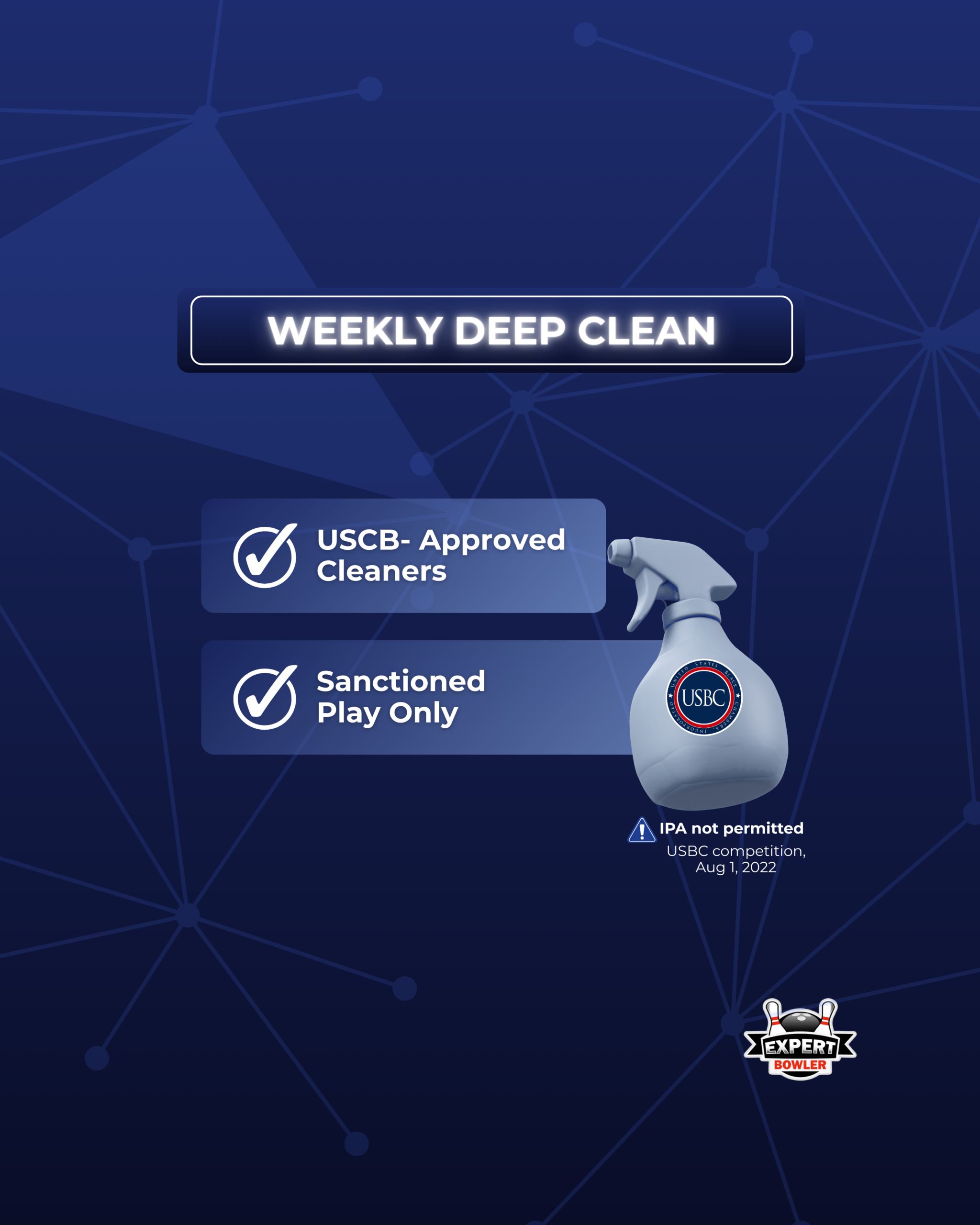 Graphic titled 'Weekly Deep Clean' showing a spray bottle labeled 'USBC.' Lists 'USCB-Approved Cleaners' and 'Sanctioned Play Only' with checkmarks.