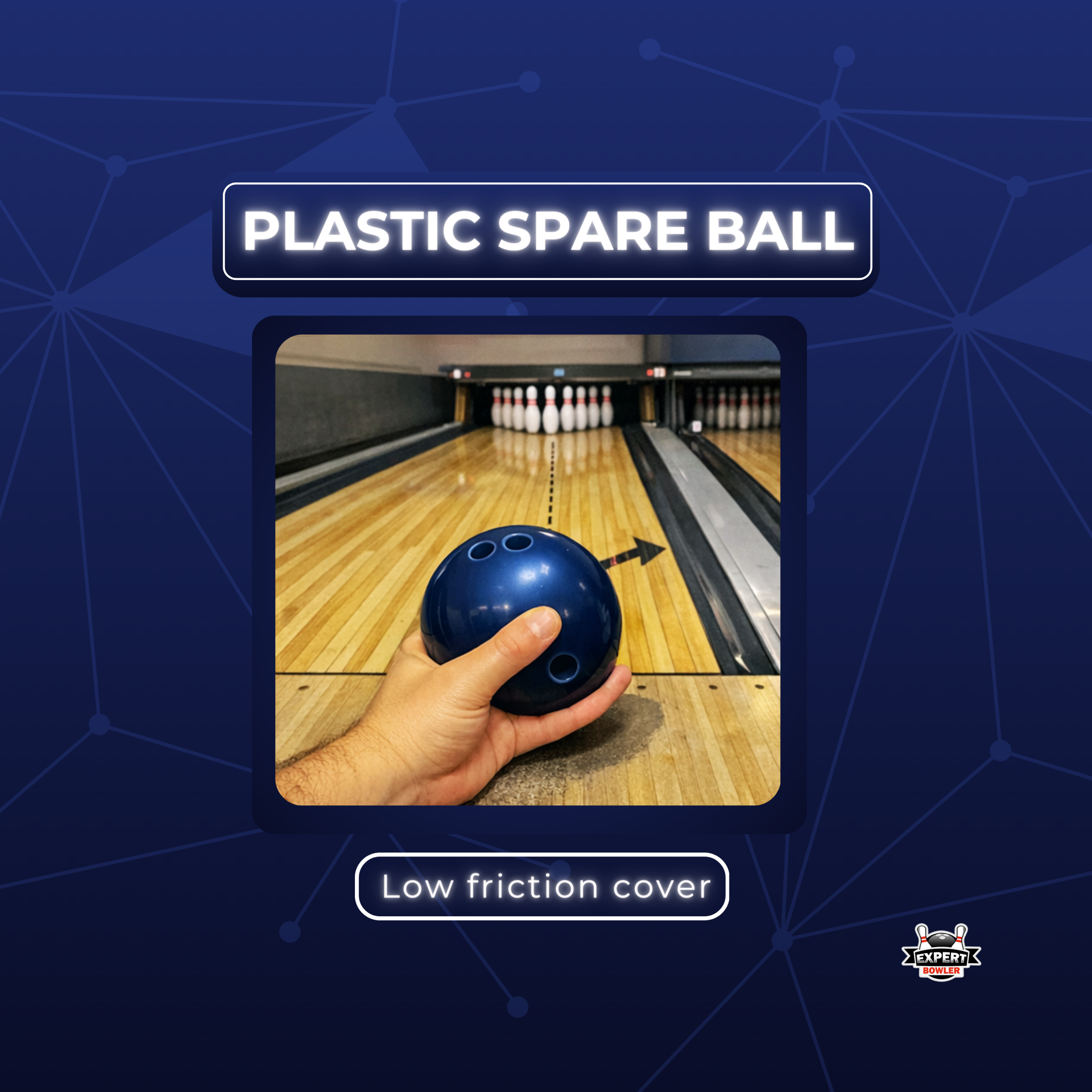A plastic spare bowling ball featuring a low-friction coverstock designed to travel straight and minimize lane hook.