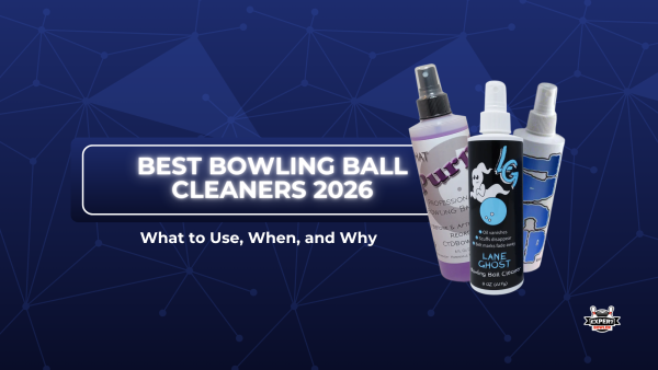 Hero image for the Best Bowling Ball Cleaners article, showing That Purple Stuff, Lane Ghost, and another bowling ball cleaner on a dark blue ExpertBowler background.