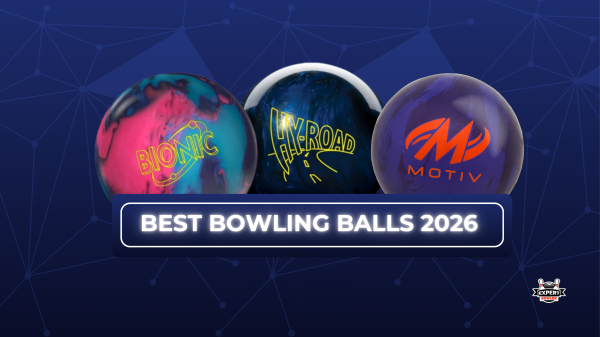 Hero image for the Best Bowling Balls article showing three bowling balls with Bionic, Hy-Road, and Motiv logos