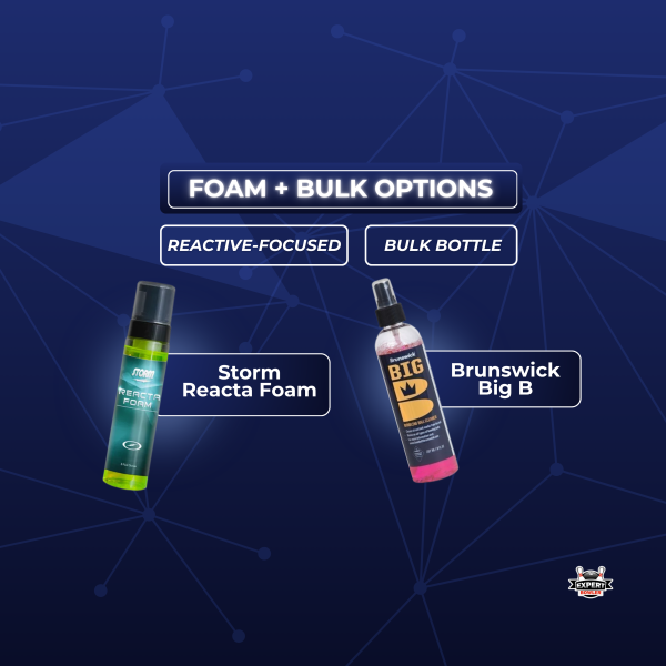 Foam and bulk options slide for bowling ball cleaners, featuring Storm Reacta Foam and Brunswick Big B.