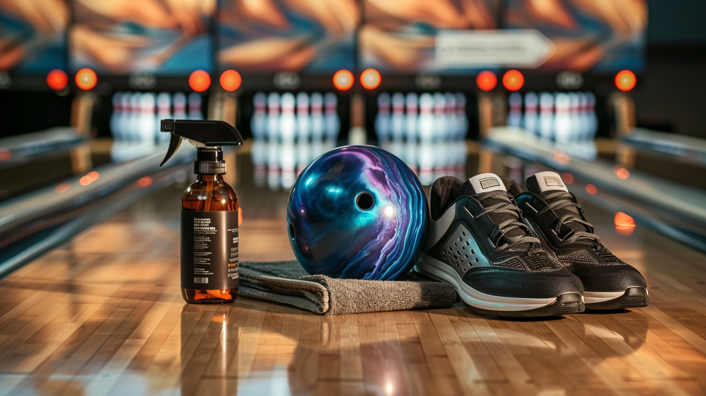 Bowler's preparation kit on a polished hardwood bowling approach — amber-glass spray bottle of bowling ball cleaner, premium pearl bowling ball with deep blue and purple swirl coverstock, folded charcoal microfiber towel, and black performance bowling shoes — staged with bowling lanes and pins under warm pendant lighting at a league night bowling alley