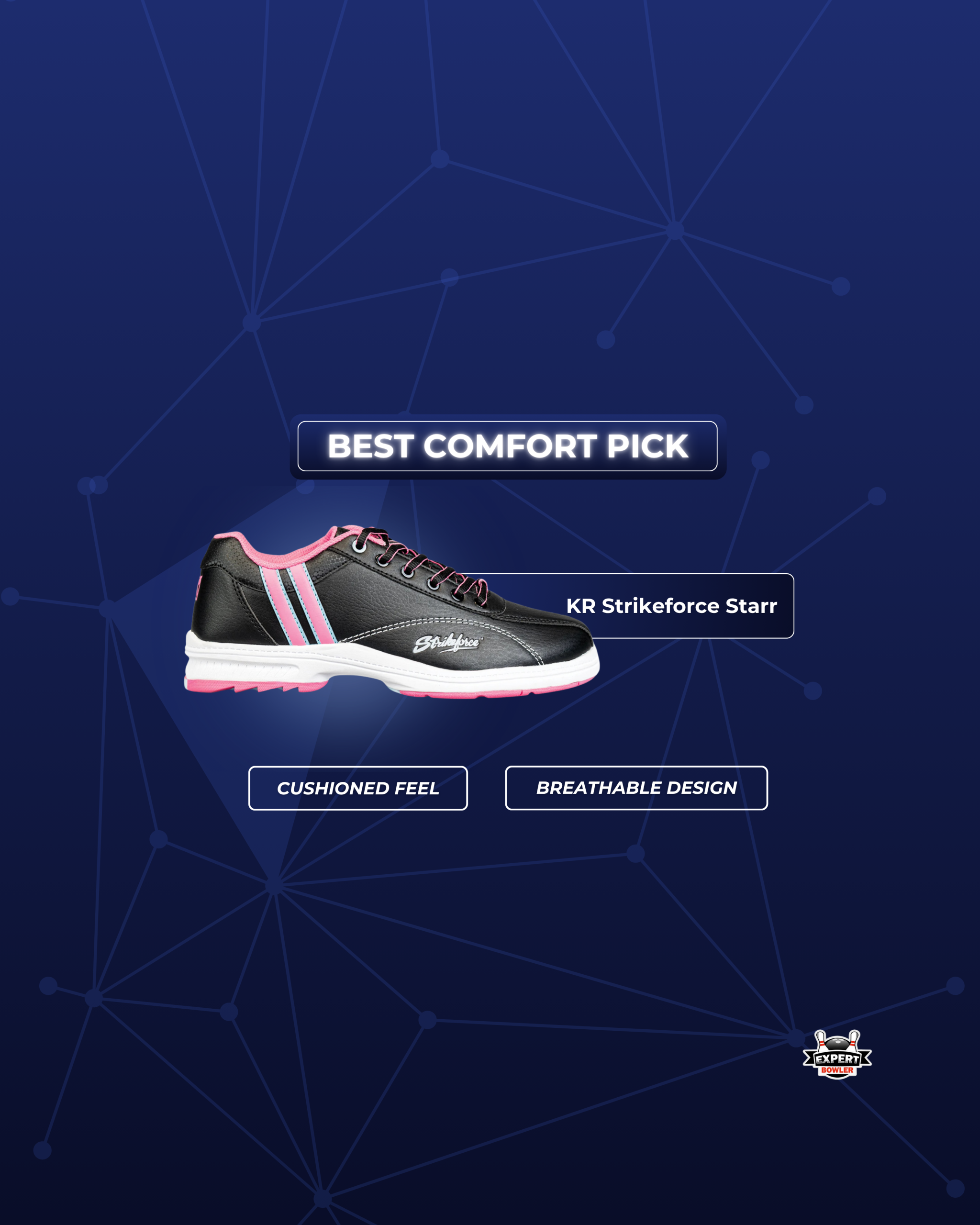 • KR Strikeforce Starr is a comfortable, breathable bowling shoe with a cushioned feel and reliable everyday performance for bowlers who value all-day comfort.