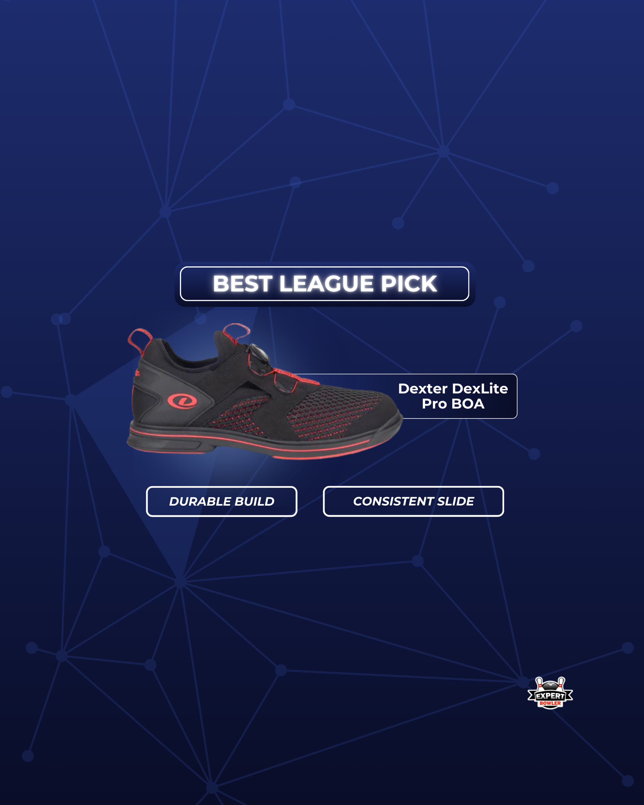 Dexter DexLite Pro BOA bowling shoe labeled as the best league pick with durable build and consistent slide