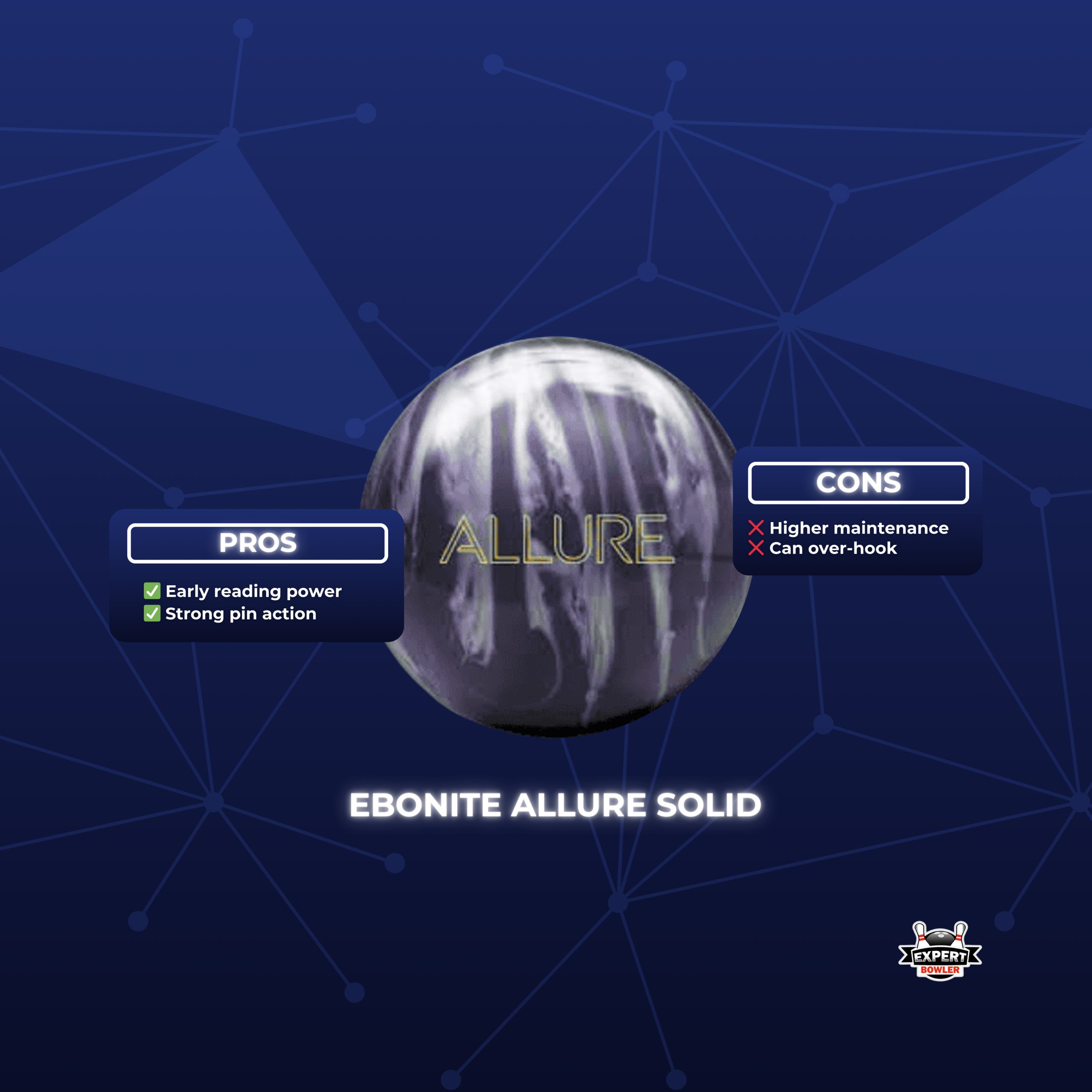 Ebonite Allure bowling ball for beginners, a versatile reactive option with smooth control on lighter conditions