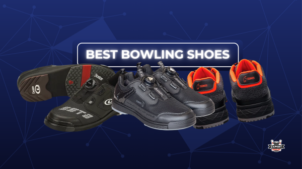 Collage of men’s bowling shoes for the article “Best Bowling Shoes for Men,” showing budget and performance options on a blue background.