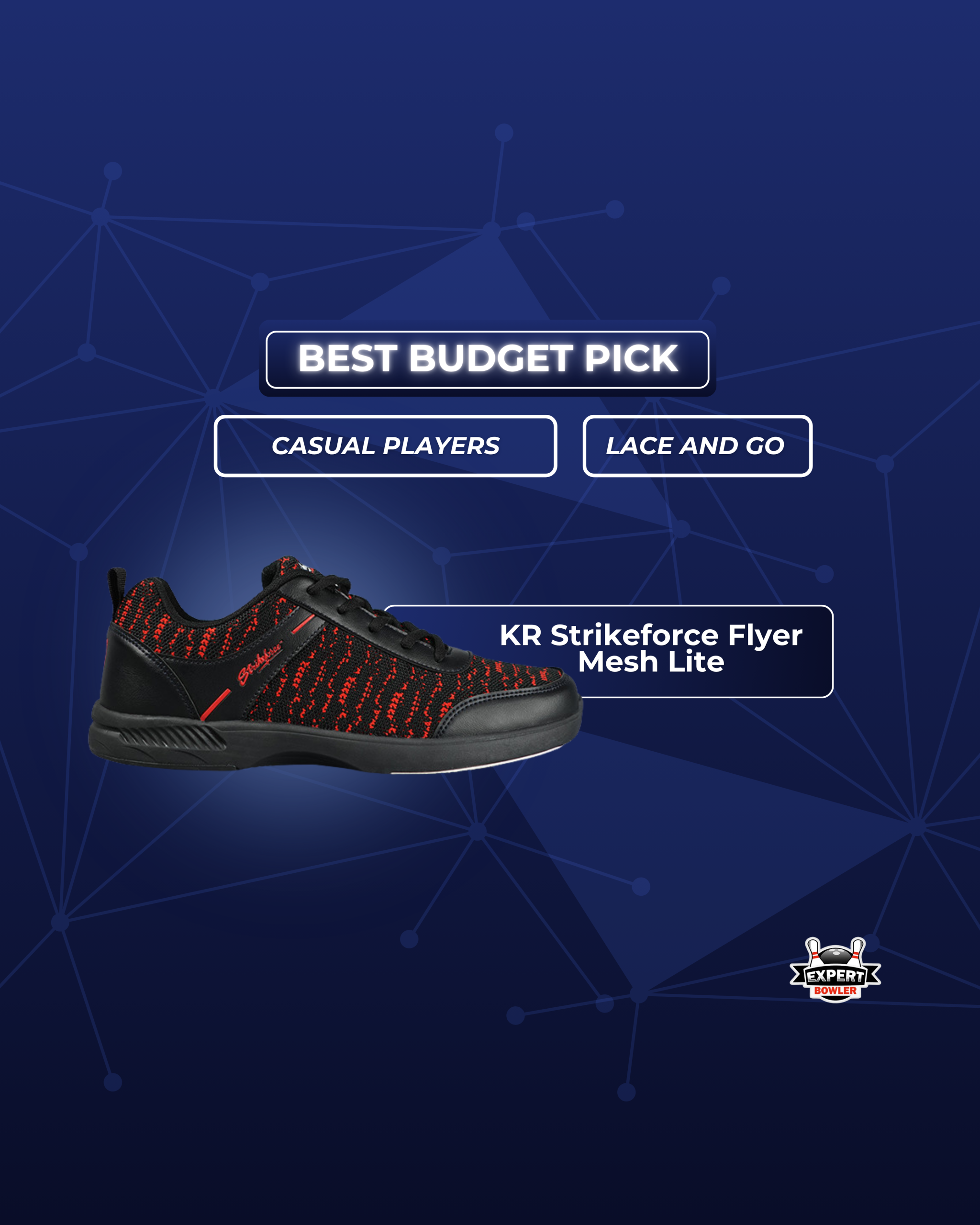Best budget pick slide for the “Best Bowling Shoes for Men” article, featuring the KR Strikeforce Flyer Mesh Lite for casual players.