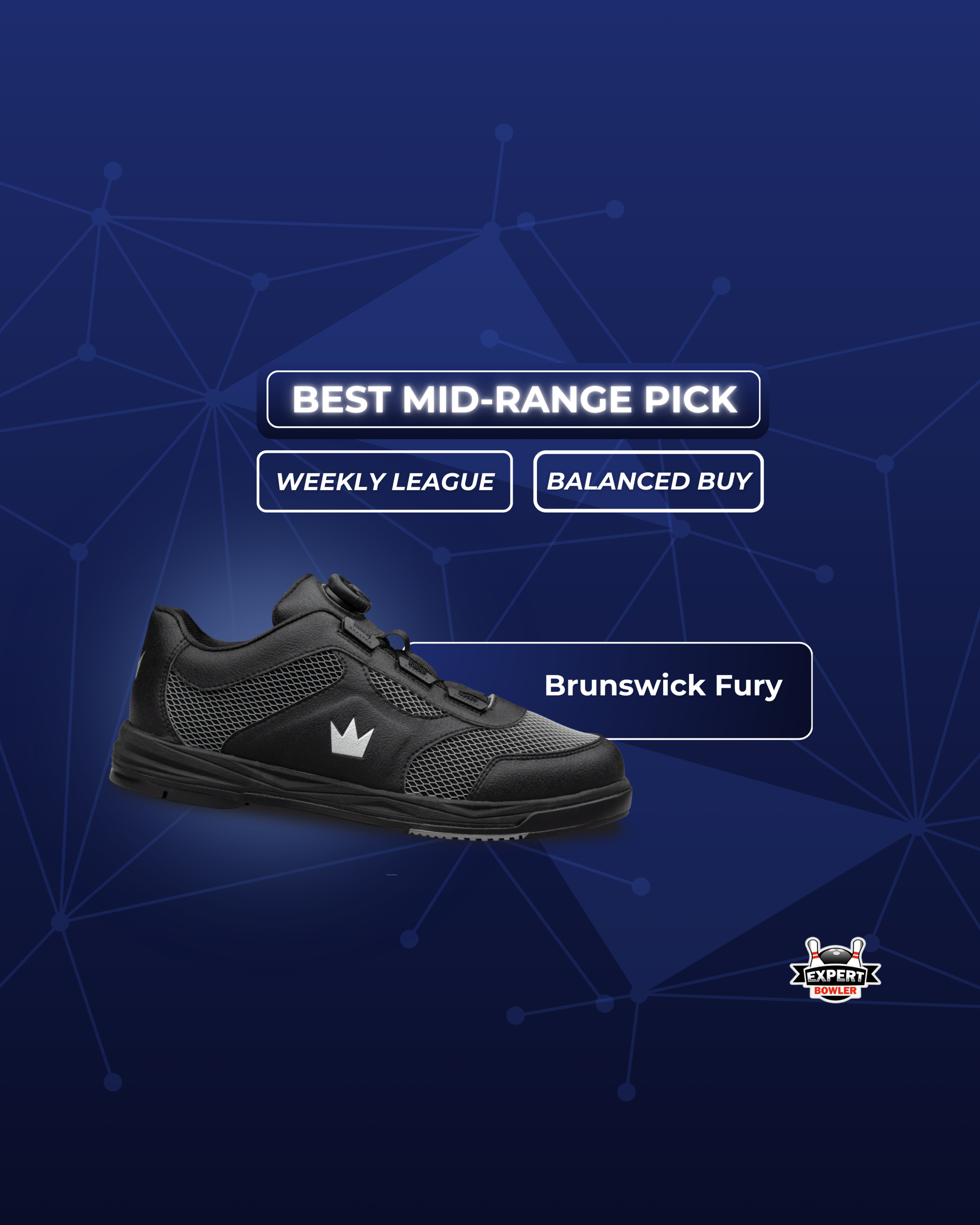 Best mid-range pick slide for the “Best Bowling Shoes for Men” article, featuring the Brunswick Fury for weekly league bowlers.