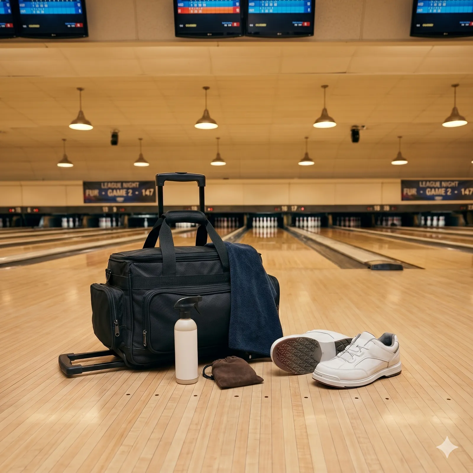 Bowling roller bag with extended handle, white performance bowling shoes, ball cleaner spray bottle, navy microfiber towel, and rosin pouch arranged on a polished maple bowling lane at a real American bowling alley