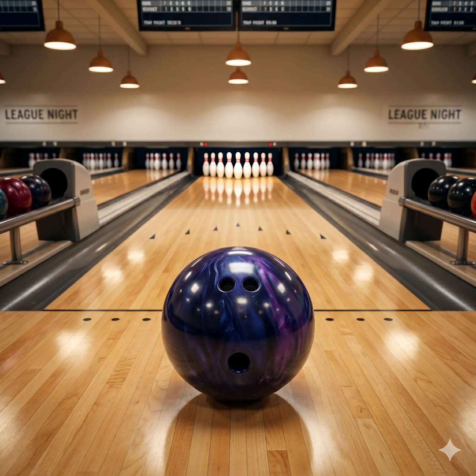 Navy and violet pearl reactive bowling ball with three drilled holes on a polished maple league bowling lane, with white pins lit at the end and ball returns full of additional balls on either side