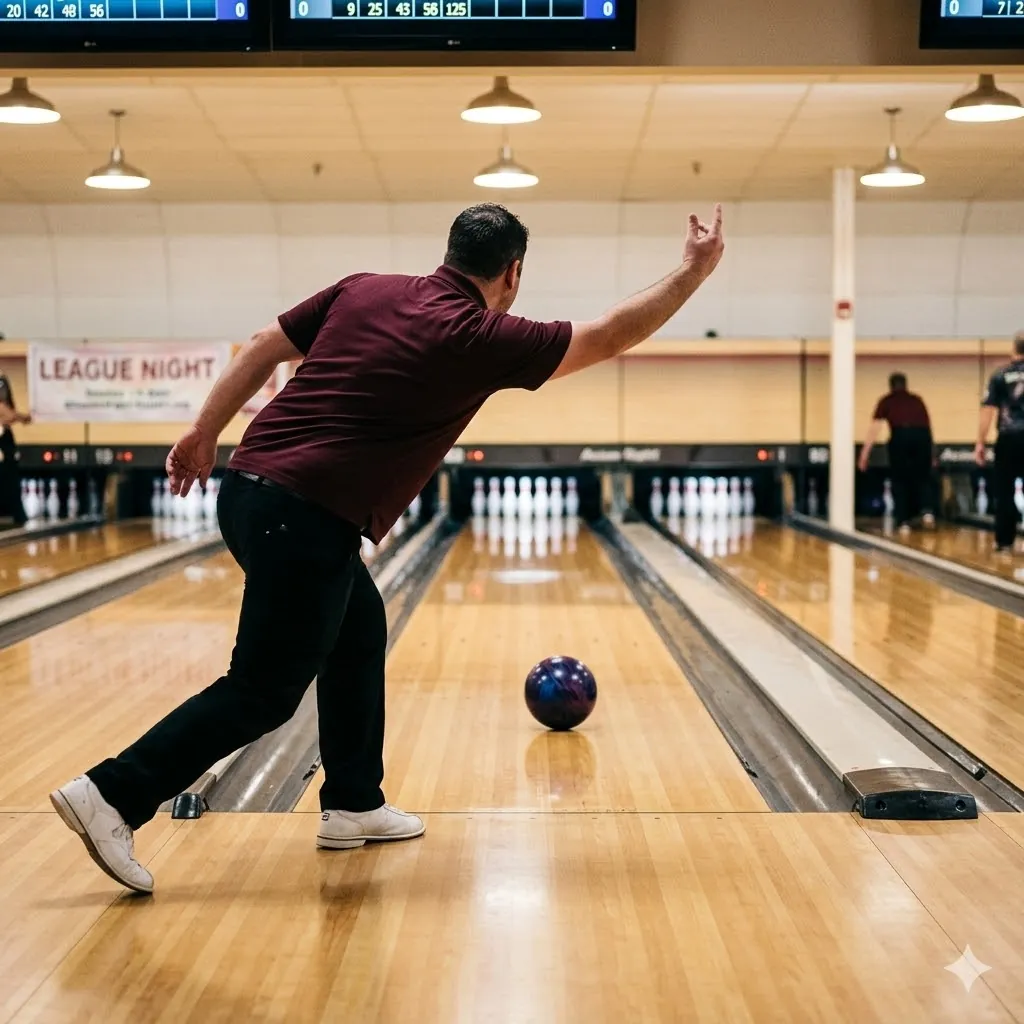 Right-handed league bowler captured at the moment of release on a polished maple bowling lane, showing proper follow-through form with the reactive bowling ball mid-flight toward the pins, lane arrows and oil pattern visible
