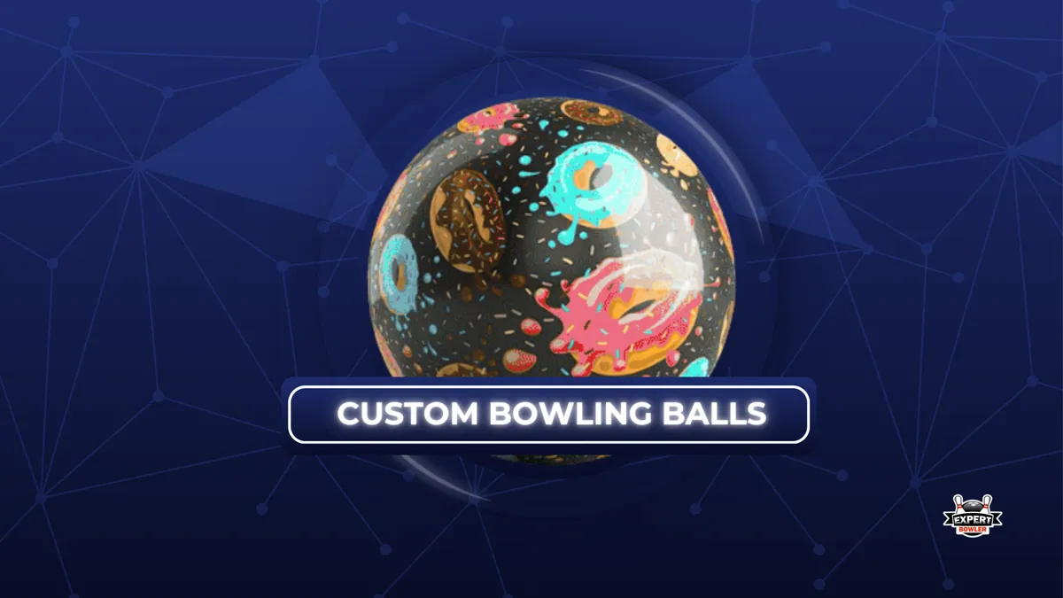Personalized bowling ball with a vibrant donut pattern on a bowling lane, featuring the ExpertBowler logo.