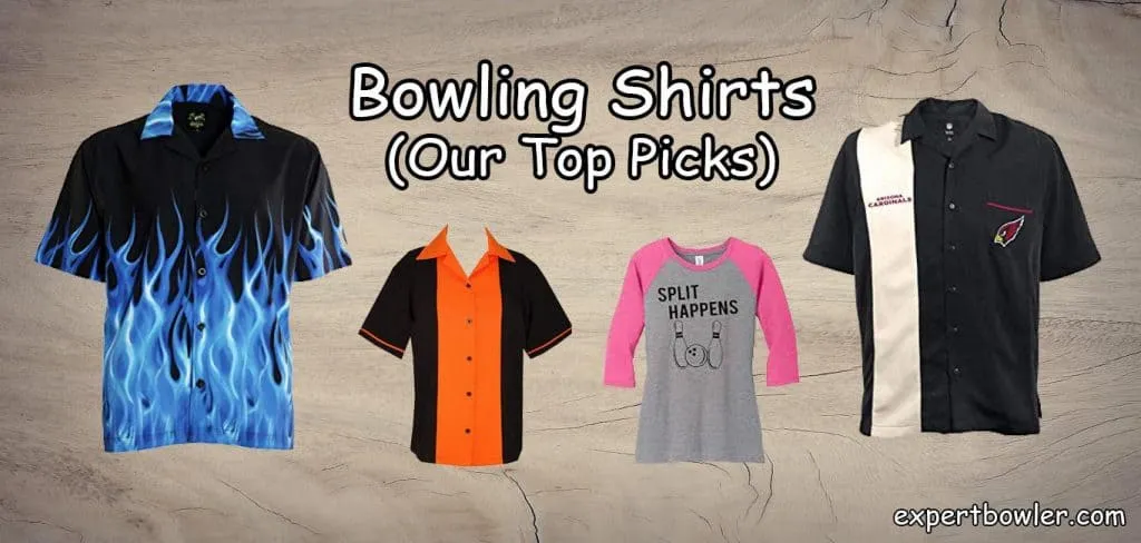 Best bowling shirts comparison showing blue flame shirt black orange tournament shirt pink split happens tee and black polo from expertbowler.com